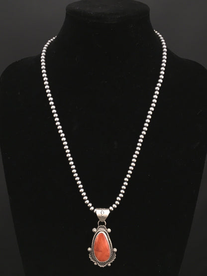Orange Spiny Oyster Pendant Navajo Pearls Sterling Silver Necklace 1296