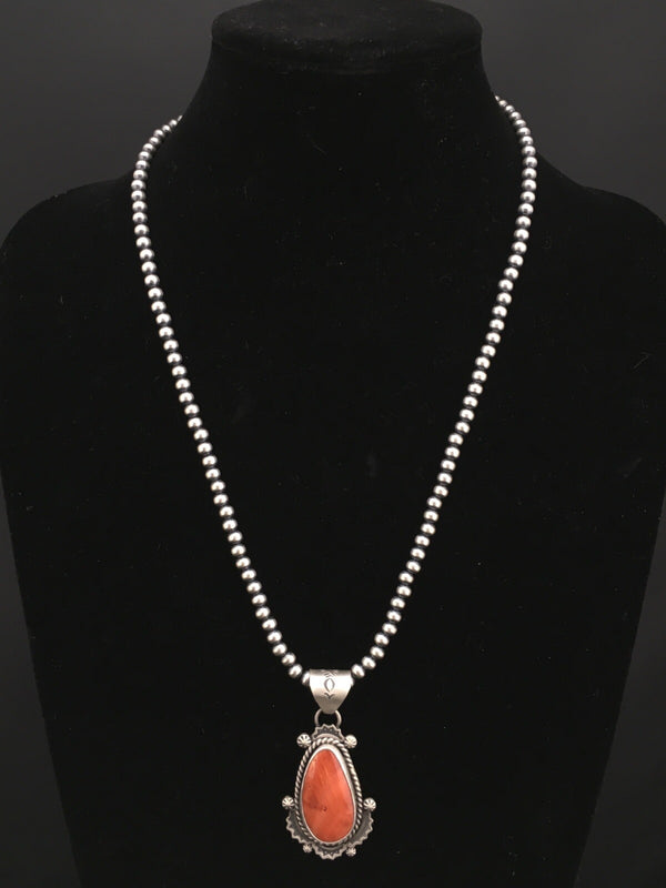 Orange Spiny Oyster Pendant Navajo Pearls Necklace | Sterling Silver | Authentic Native American Handmade | 1296