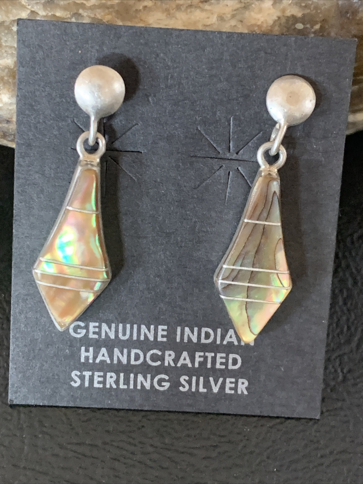 Native Minimalist Navajo Pava Shell Inlay Sterling Silver Earrings 1" 13070