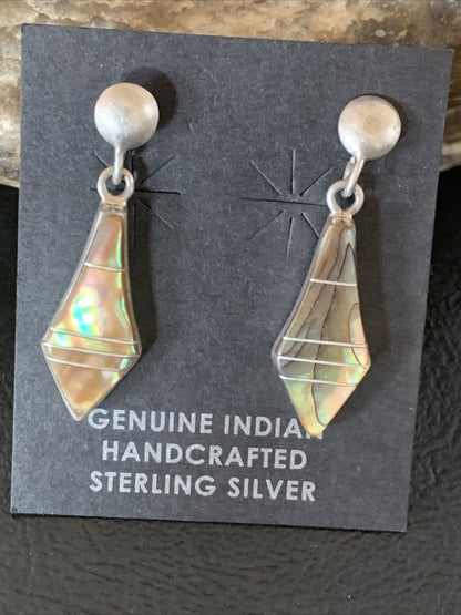 Native Minimalist Navajo Pava Shell Inlay Sterling Silver Earrings 1" 13070