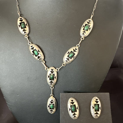 Old Navajo Green Malachite Sterling Silver Shadowbox Necklace Earrings 18”19106