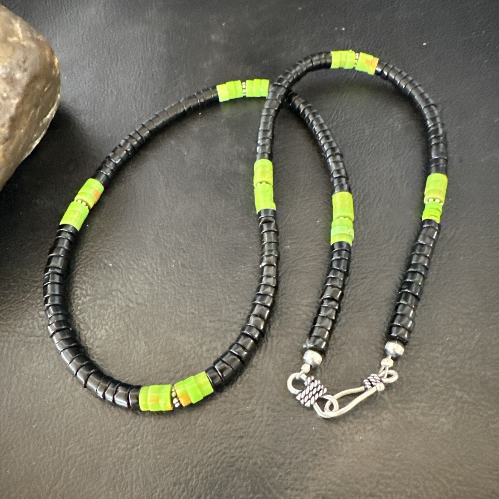 Mens Green Gaspeite Onyx Heishi Southwestern Sterling Silver Necklace 19” 18713