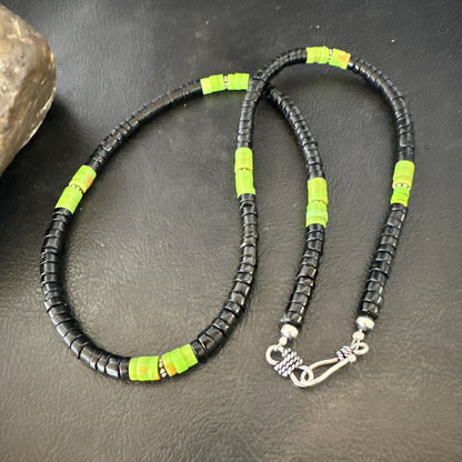 Mens Green Gaspeite Onyx Heishi Southwestern Sterling Silver Necklace 19” 18713