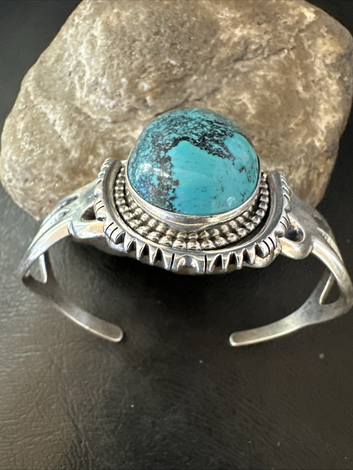 Yazzie Mens Blue Turquoise Navajo Sterling Silver Tufa Cast Cuff Bracelet 19693