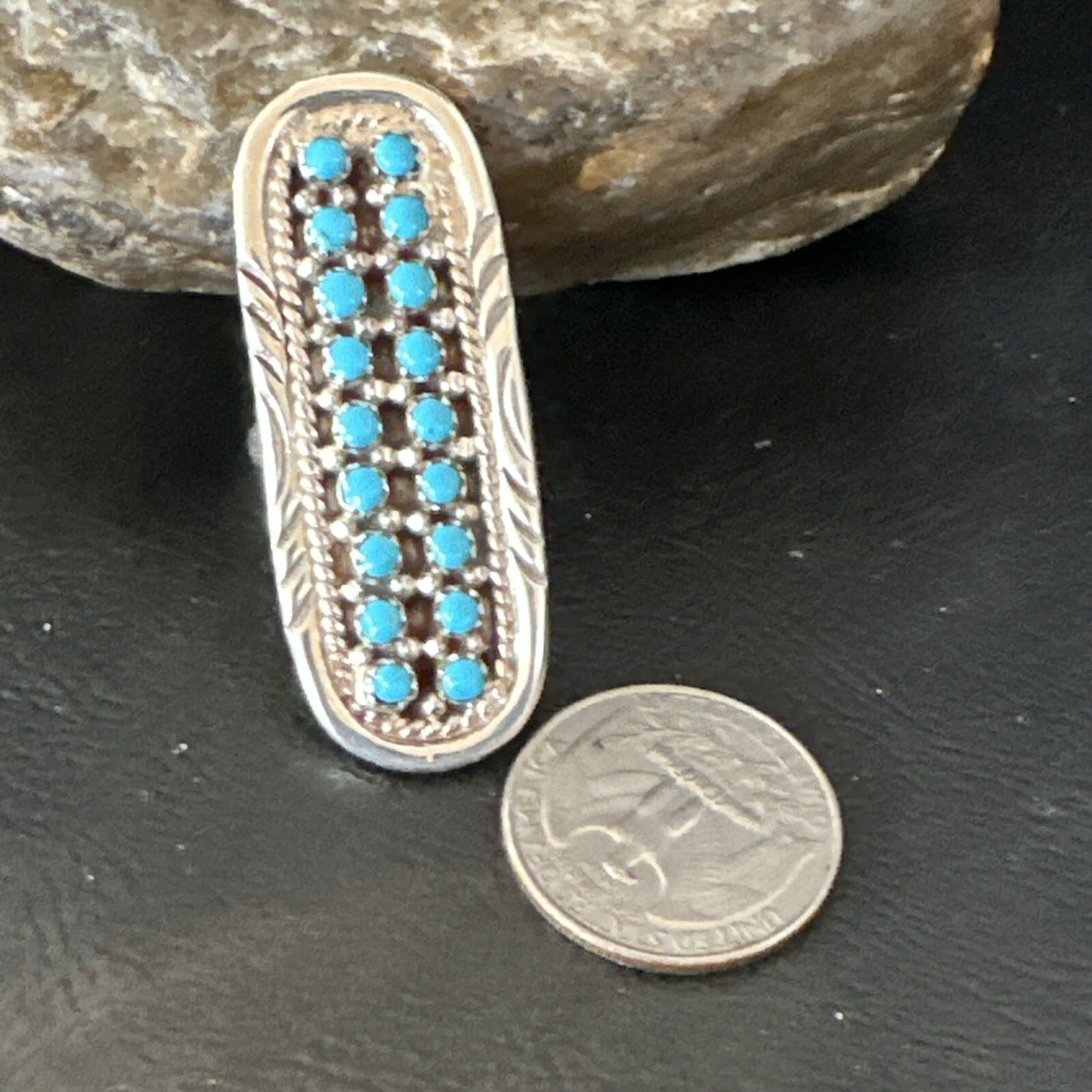 Blue Turquoise Zuni Sterling Silver Petite Point Cluster Ring Size 8 18793