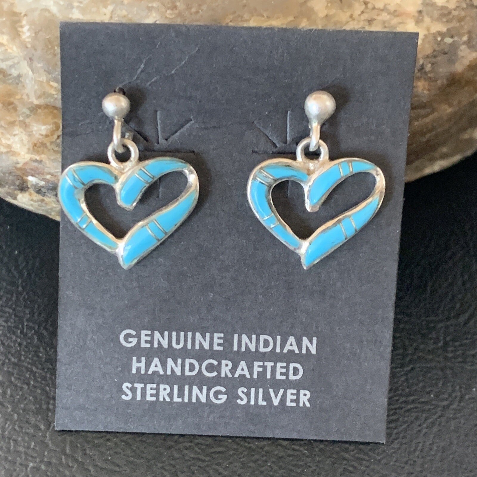 Navajo Blue Turquoise Heart Sterling Silver Dangle Post Earrings 0.5" 12716