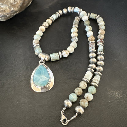 Blue Larimar Pendant Navajo Sterling Silver Natural Necklace 21" 17760