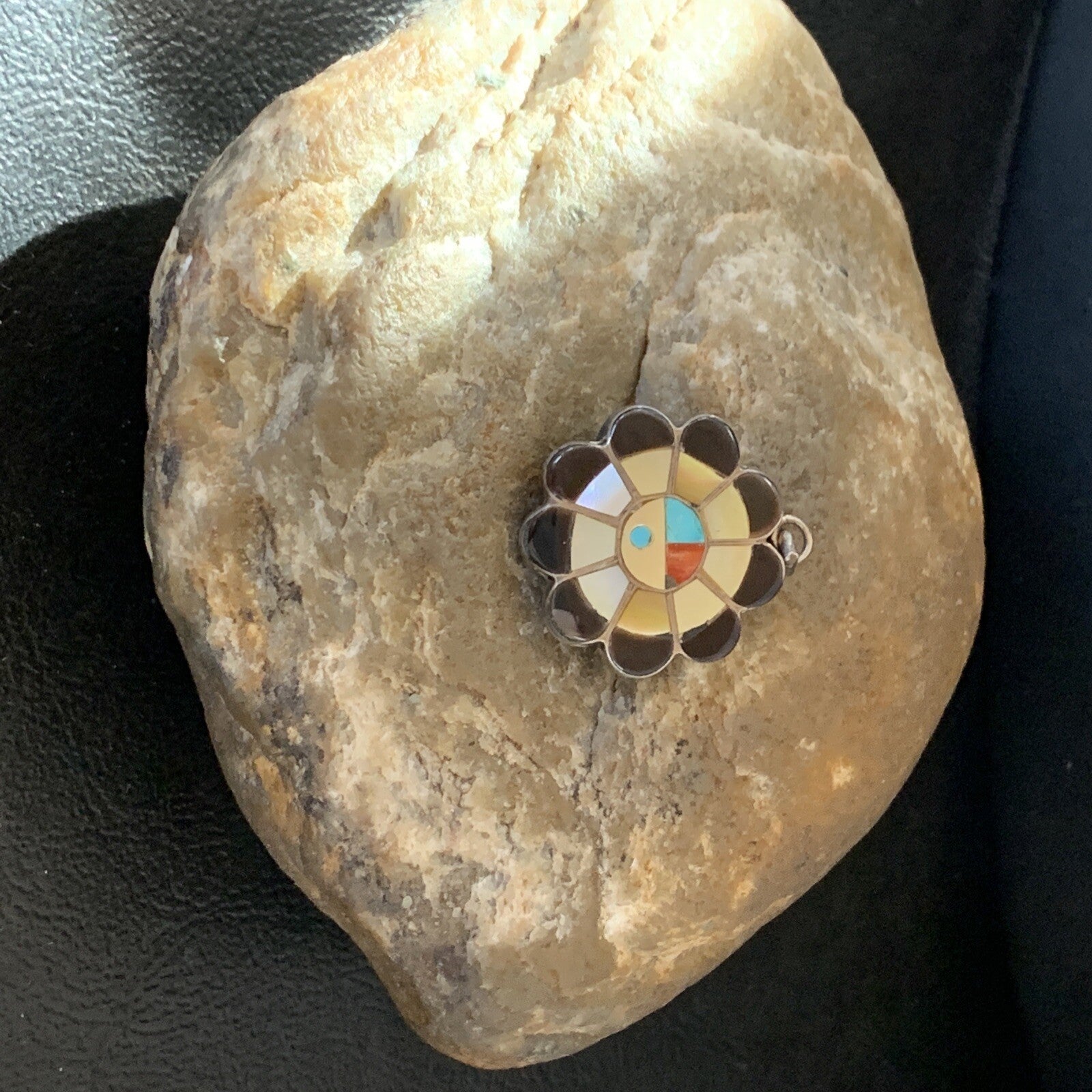 Mother Of Pearl Turquoise Spiny Inlay Zuni Sterling Silver 2 Sided Pendant 1682