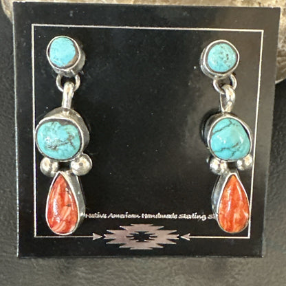 Blue Turquoise Red Spiny MultiColor Navajo Sterling Silver Inlay Earrings 18354