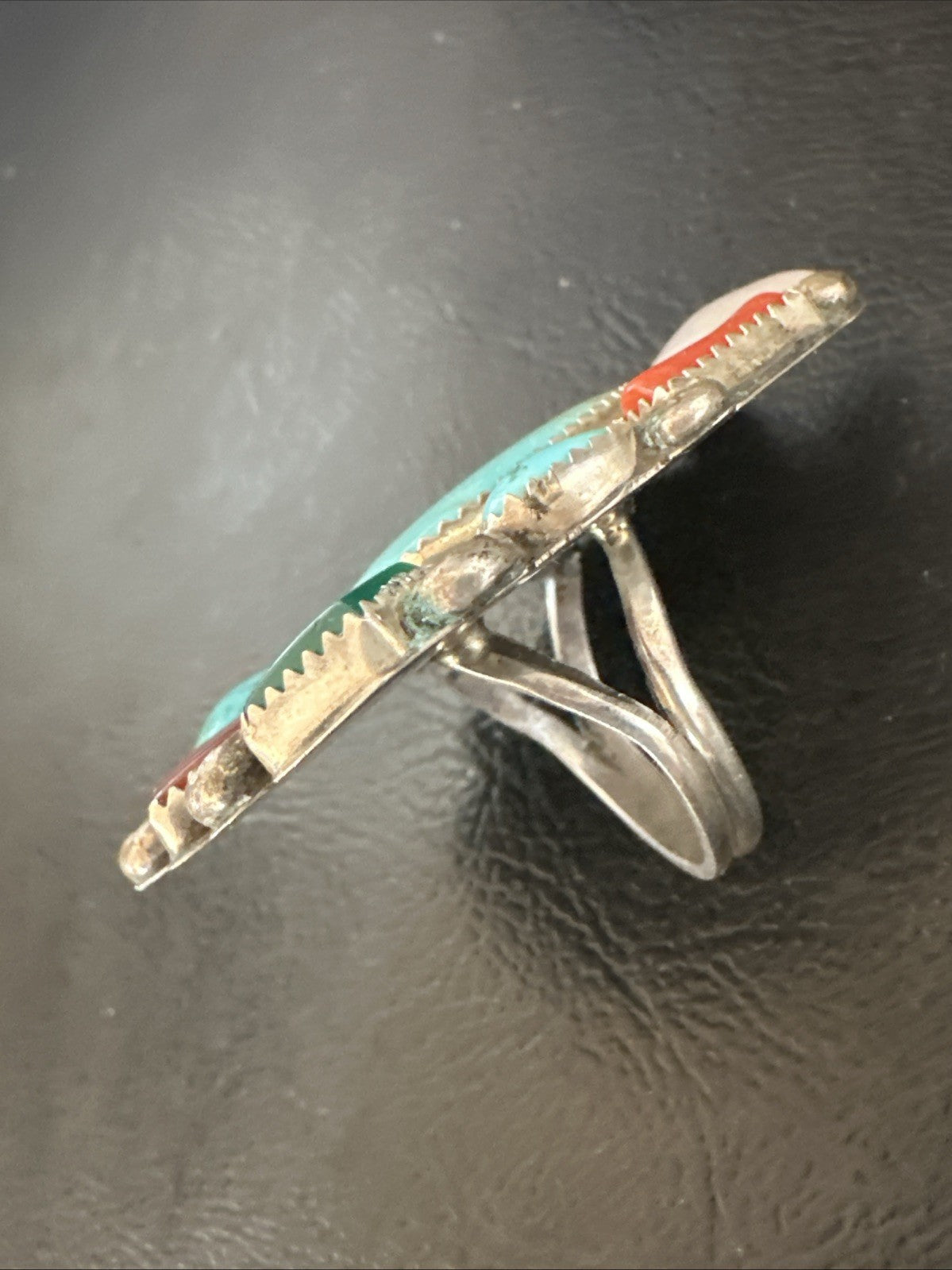 Old Pawn Navajo Blue Turquoise Coral Ring Multi-Stone Cluster Sz 9 19825