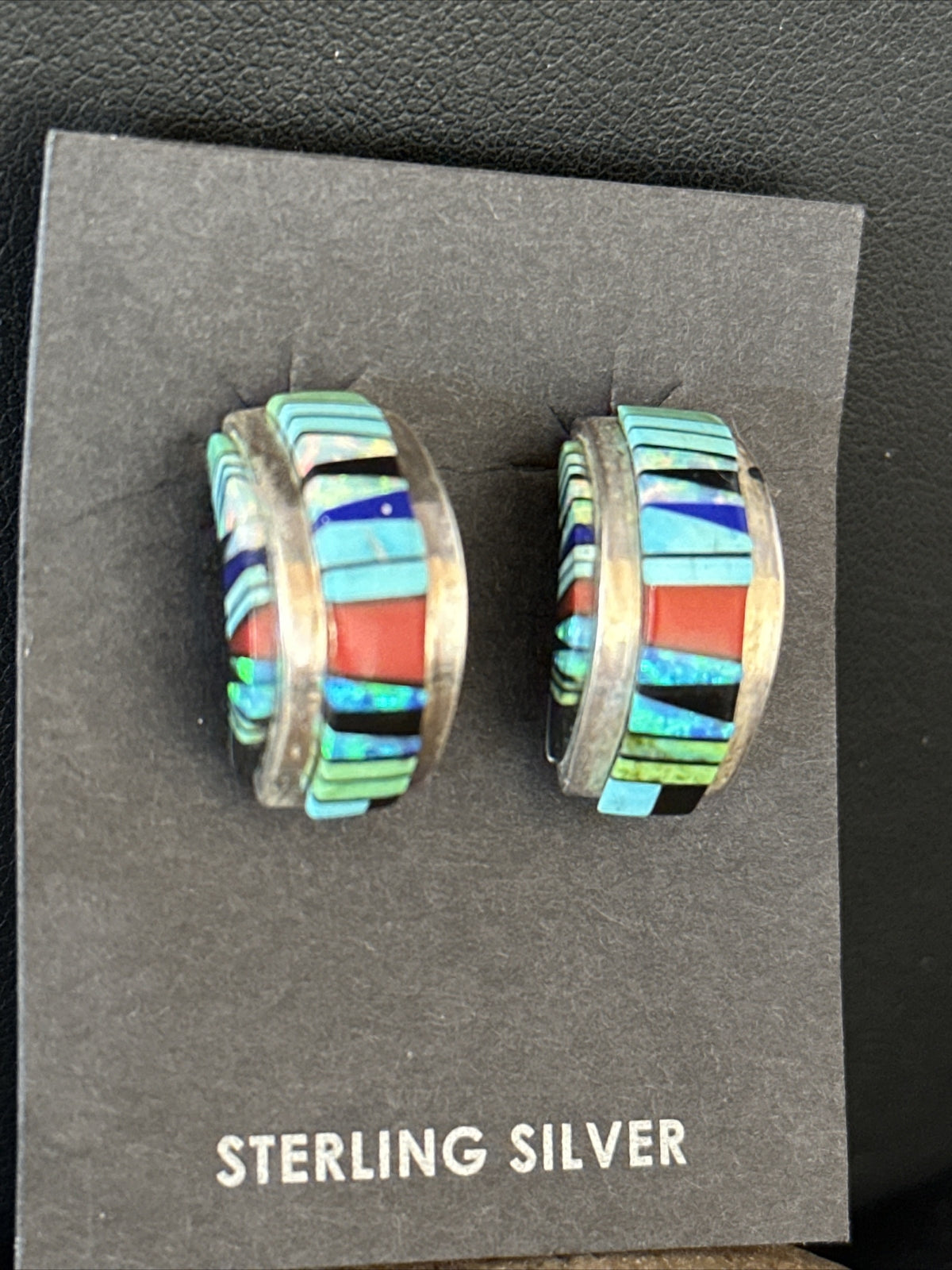 Blue Turquoise & Spiny Oyster Navajo Sterling Silver Inlay Earrings 1” 14765