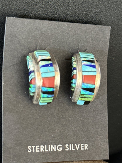 Blue Turquoise & Spiny Oyster Navajo Sterling Silver Inlay Earrings 1” 14765
