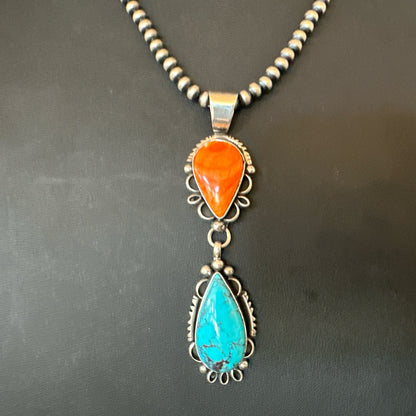 Multicolor Turquoise Spiny Navajo Sterling Silver Cluster Pendant Necklace 19558