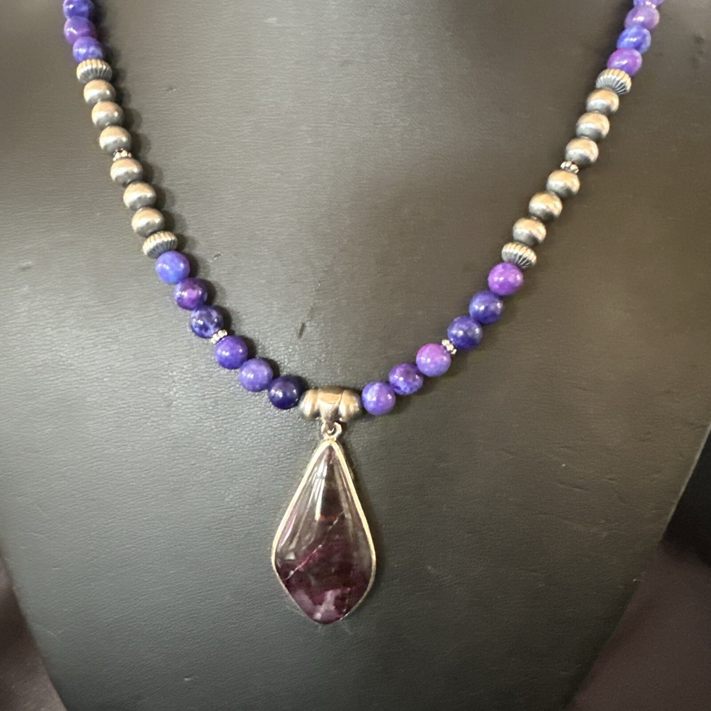 Purple Stone Pendant Navajo Pearls Sterling Silver Necklace 23" 17892