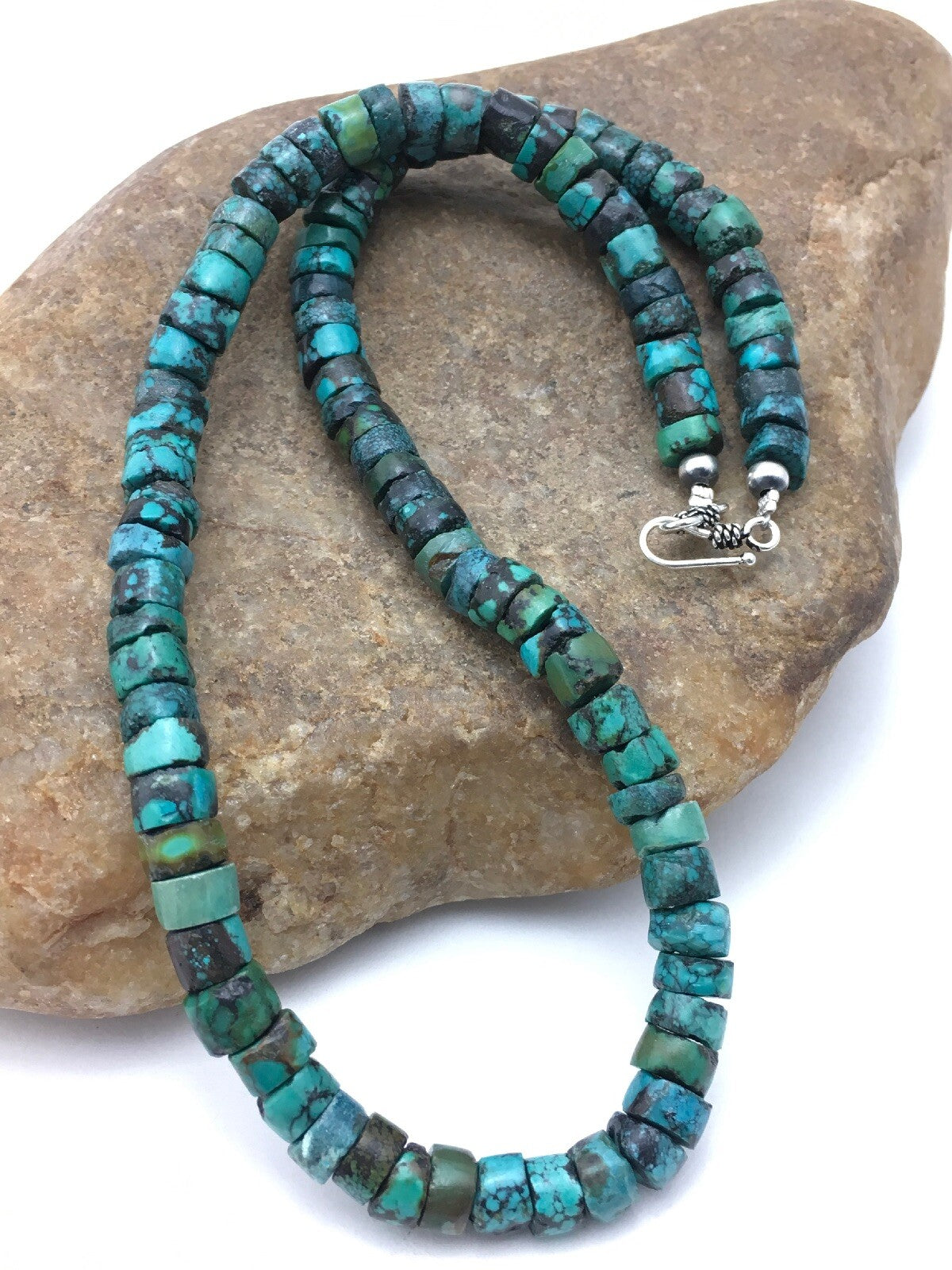 Turquoise 8mm Heishi Southwestern Sterling Silver Beads Necklace 20" 4348