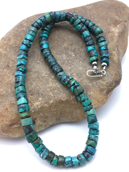 Turquoise 8mm Heishi Southwestern Sterling Silver Beads Necklace 20" 4348
