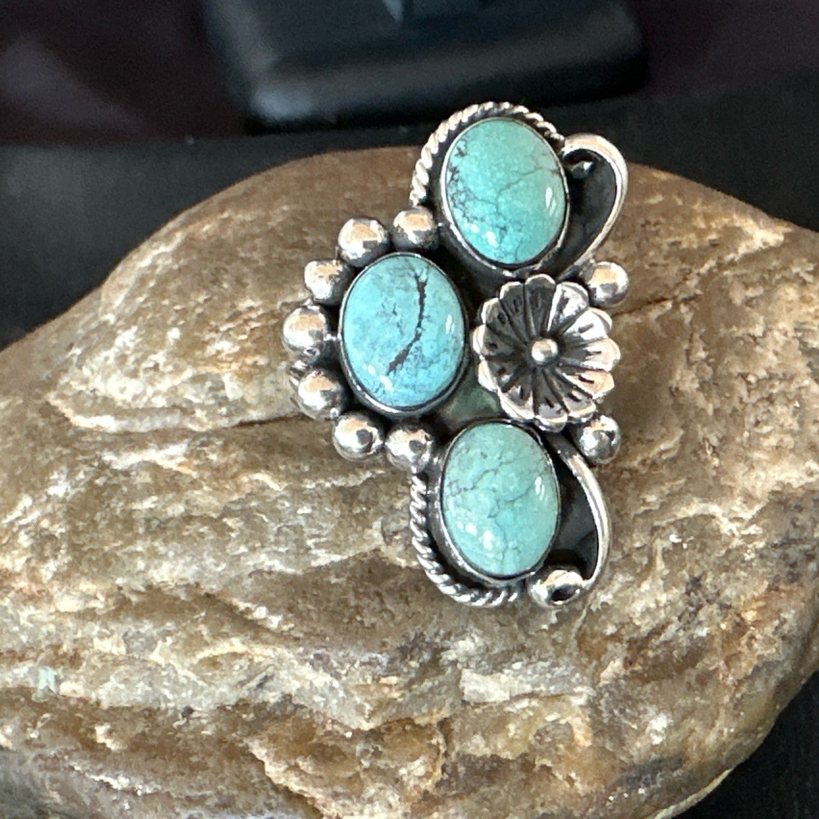 Yazzie Ring Green Turquoise Navajo Sterling Silver Cluster Size 8.5 19235