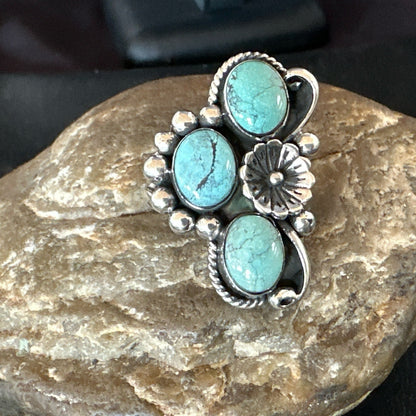 Yazzie Ring Green Turquoise Navajo Sterling Silver Cluster Size 8.5 19235