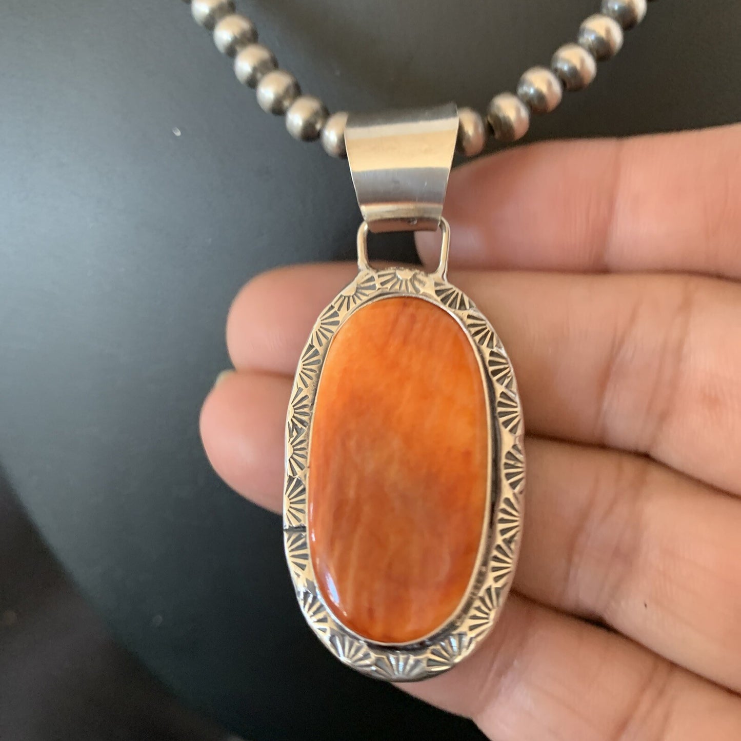 Navajo Sterling Silver Spiny Orange Oyster Necklace Pendant Set2” 14737