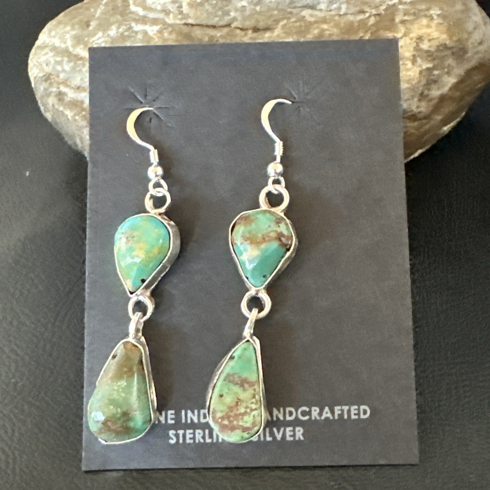 Green Royston Turquoise Navajo Sterling Silver Dangle Earrings 19415