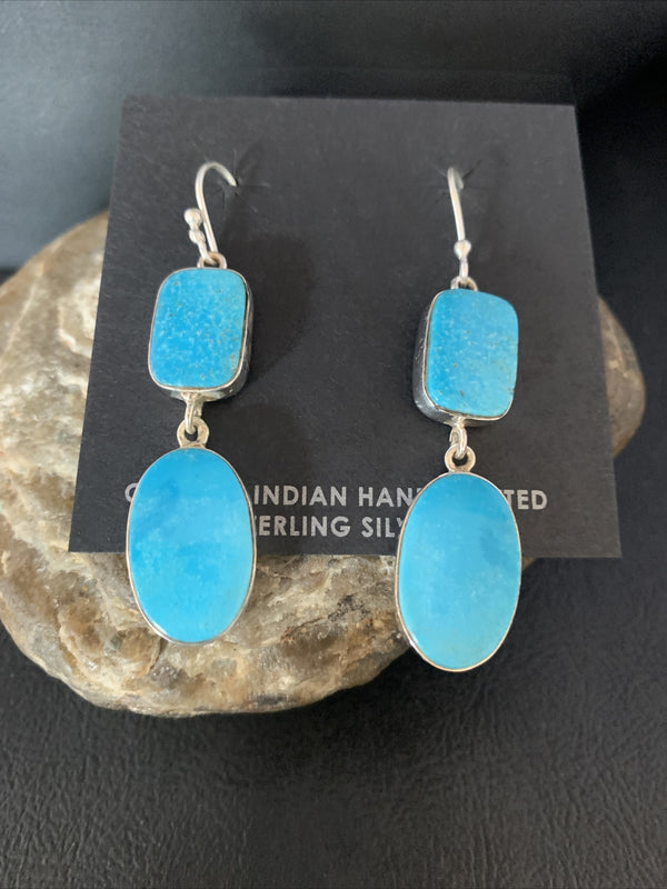 Blue Kingman Turquoise Navajo Dangle Earrings | Sterling Silver | Authentic Native American Handmade | 14079