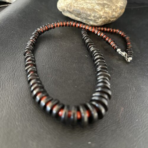 Navajo Bamboo Coral Black Onyx Necklace Sterling Silver 20" 14432