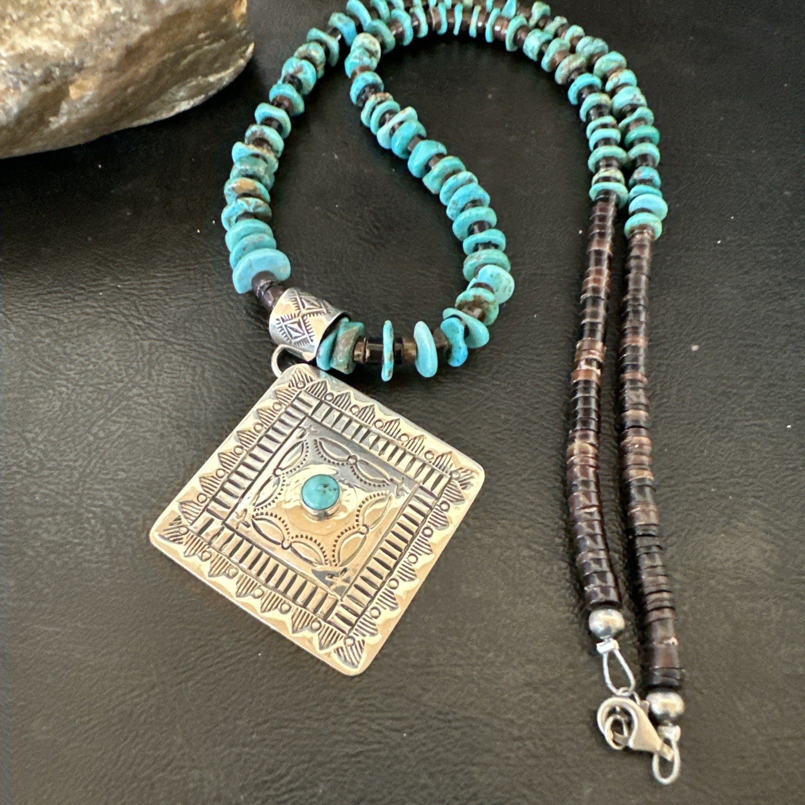 Navajo Blue Turquoise Stamped Pendant Shell Sterling Silver 28” Necklace 19705