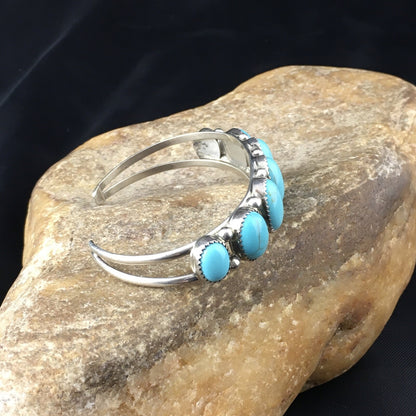 Native Mens Navajo Sterling Silver Kingman Turquoise Bracelet 7 Stone 10244