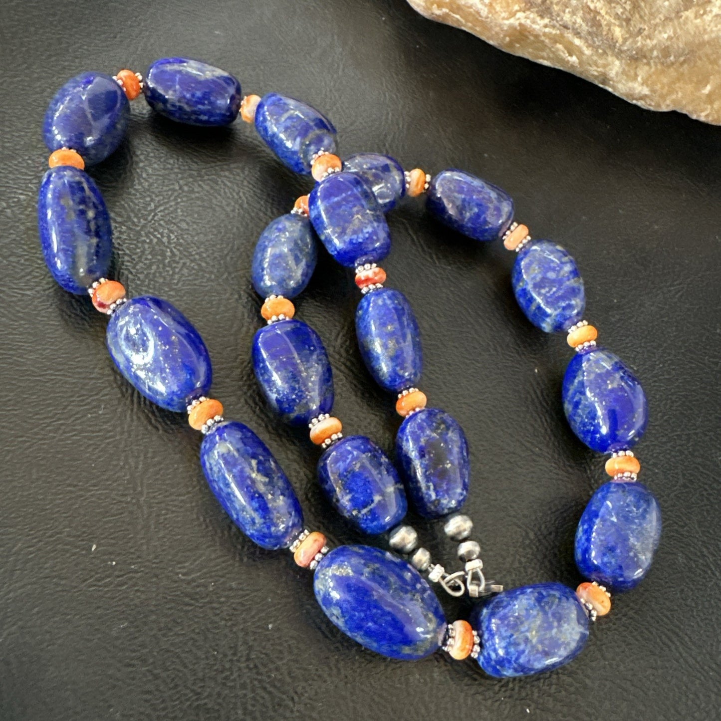 Blue Lapis Orange Spiny Chunky Southwestern Sterling Silver Necklace 20” 19258
