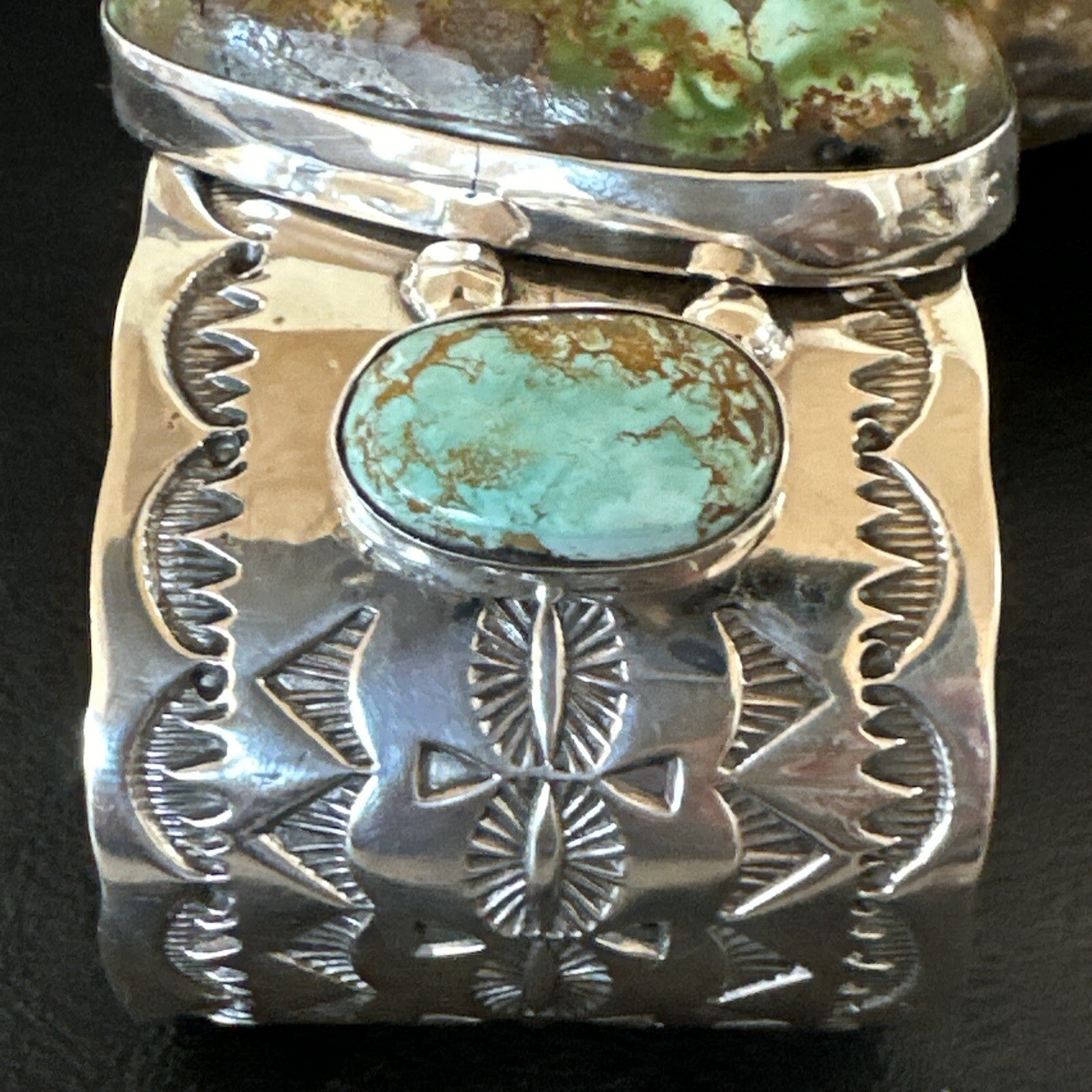 Navajo Green Royston TURQUOISE Stamped Sterling Silver Cuff Bracelet 17938