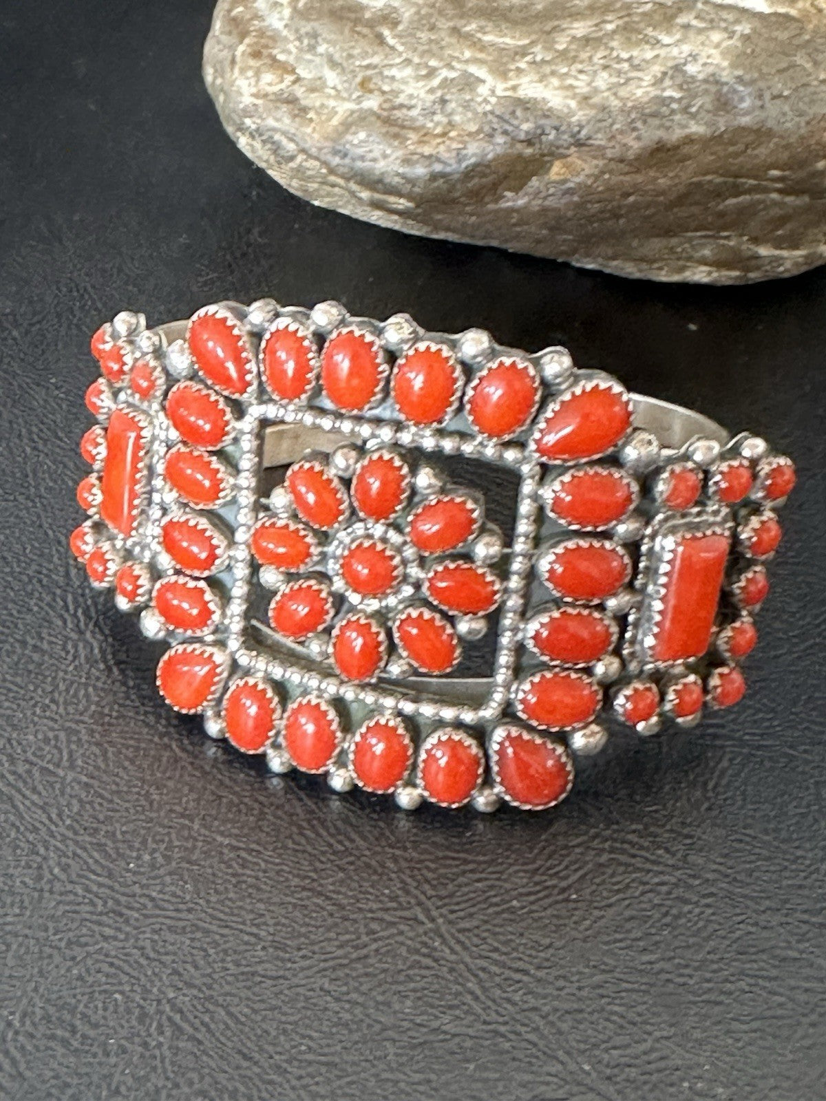 Mens Womens Red Coral Navajo Sterling Silver Cluster Cuff Bracelet 7.25" 19426