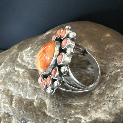 Orange Spiny Oyster Cluster Navajo Sterling Silver Ring Size 10 18397