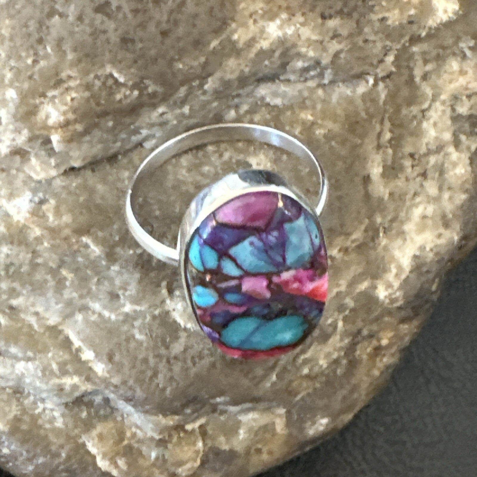 Blue Turquoise Spiny Oyster Southwestern Sterling Silver Ring Size 11 18450