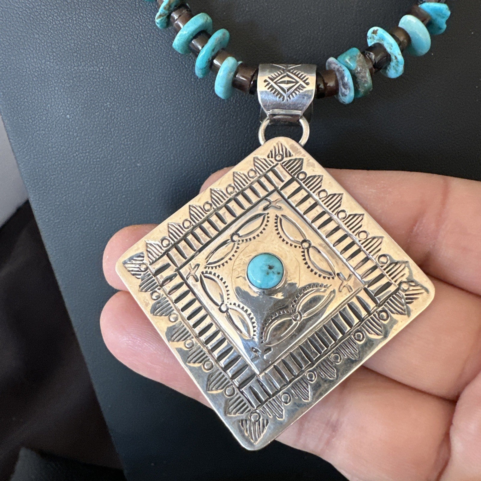 Navajo Blue Turquoise Stamped Pendant Shell Sterling Silver 28” Necklace 19705