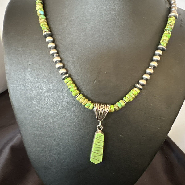Women's Green Gaspeite Turquoise Pendant Navajo Necklace | Sterling Silver | Authentic Native American Handmade | 18372