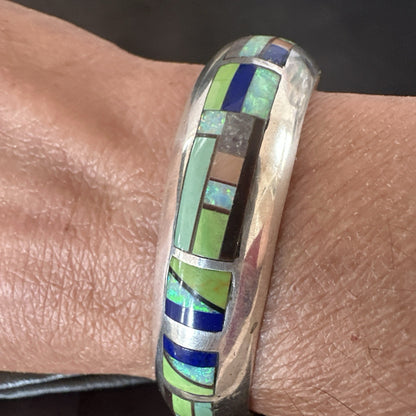 Womens Green Turquoise Lapis Navajo Sterling Silver Inlay Cuff Bracelet 19037