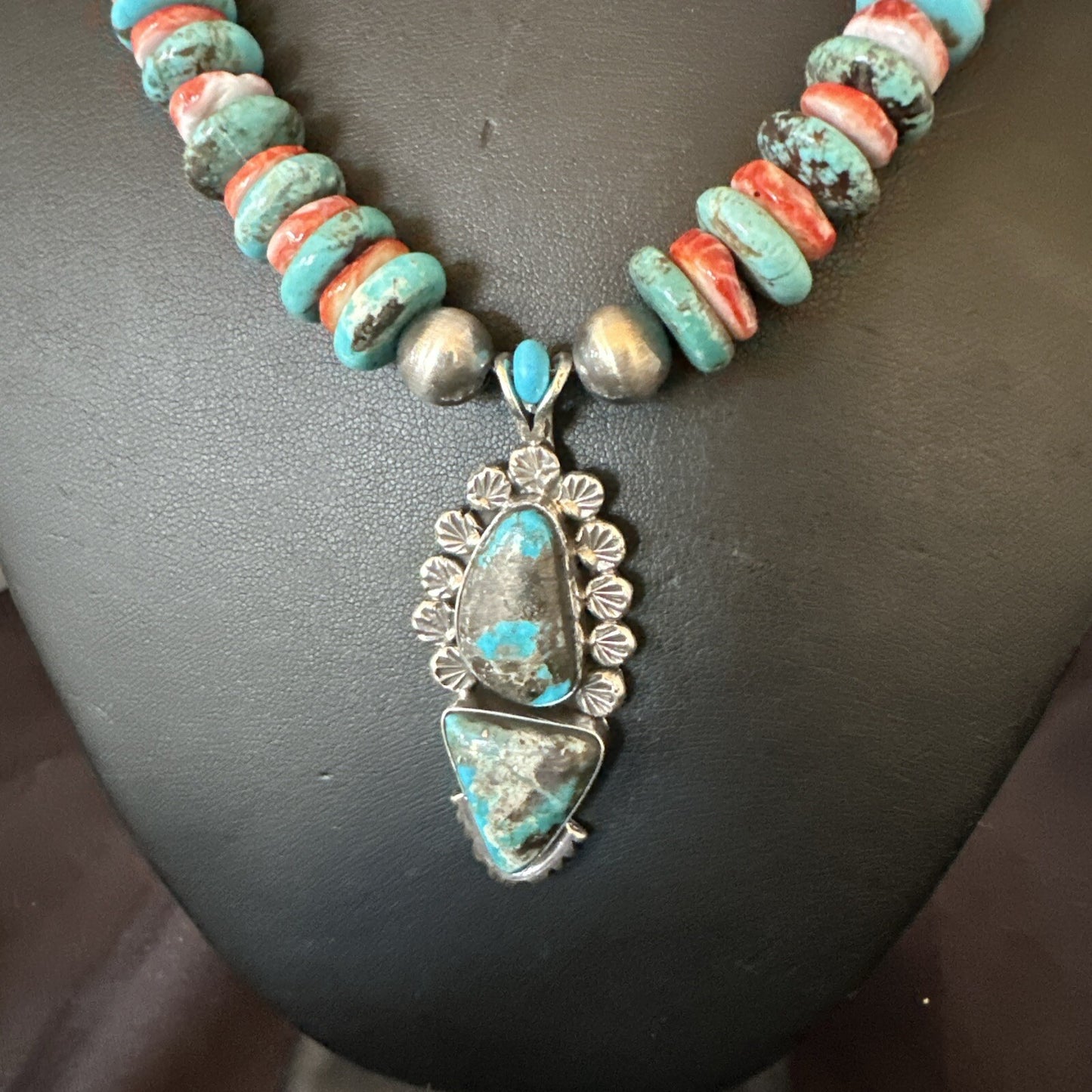 Blue Kingman Turquoise Spiny Navajo Sterling Silver Pendant Necklace 23” 17690