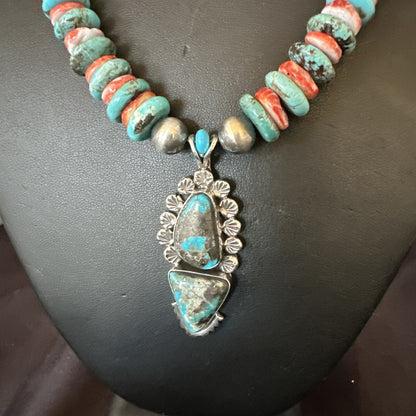 Blue Kingman Turquoise Spiny Navajo Sterling Silver Pendant Necklace 23” 17690