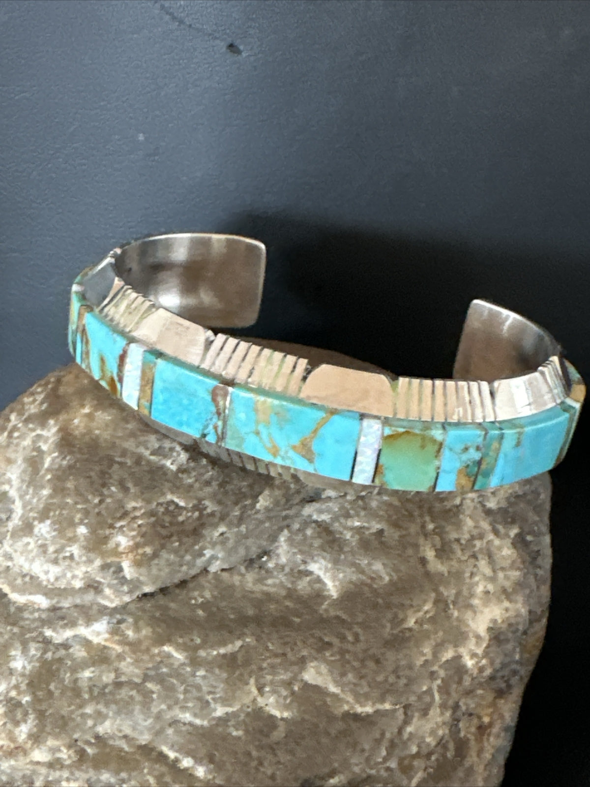 Blue Turquoise Opal Navajo Sterling Silver Cuff Inlay Bracelet 17958
