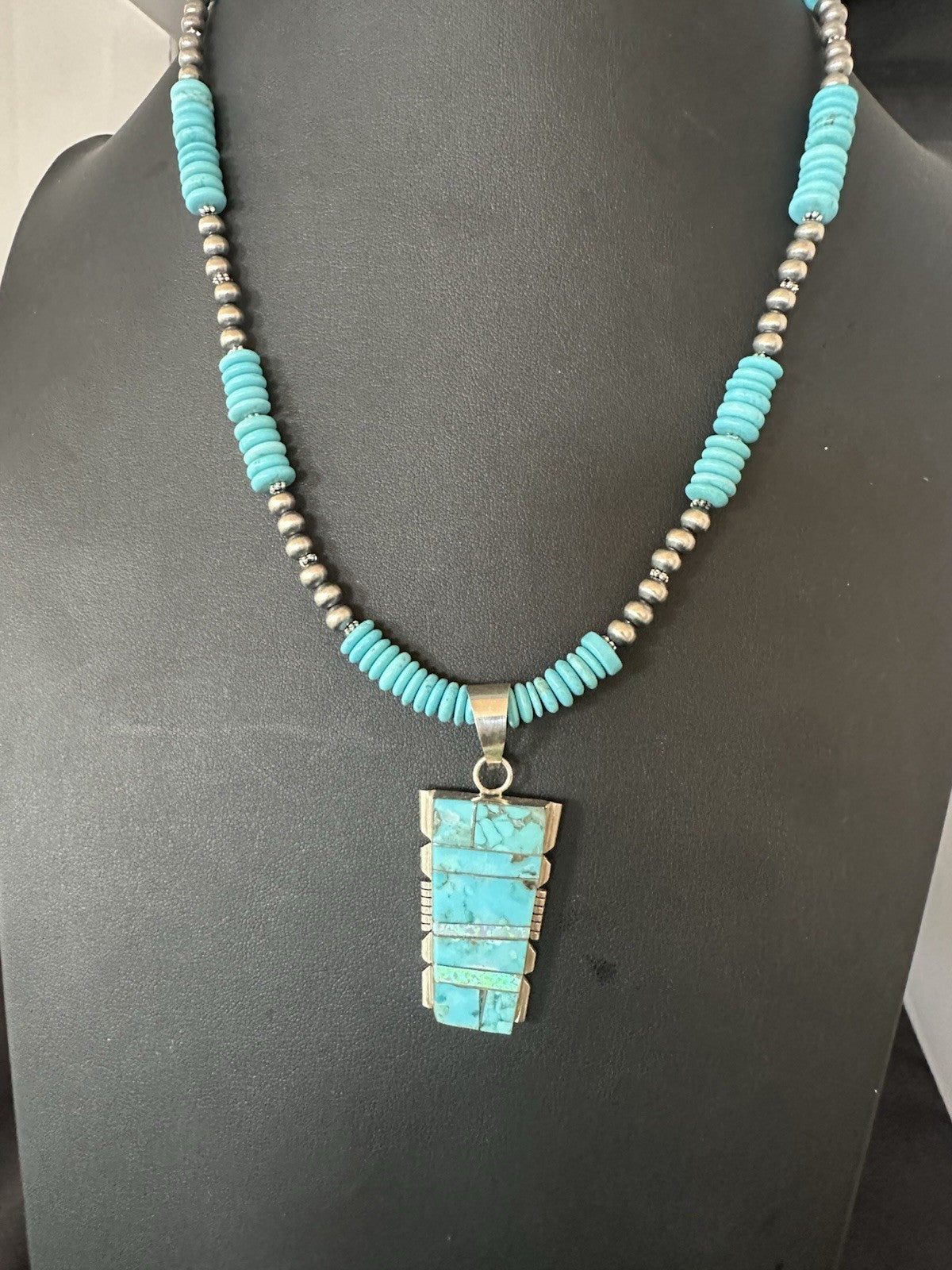 Blue Turquoise Opal Inlay Pendant Navajo Sterling Silver Necklace 19512
