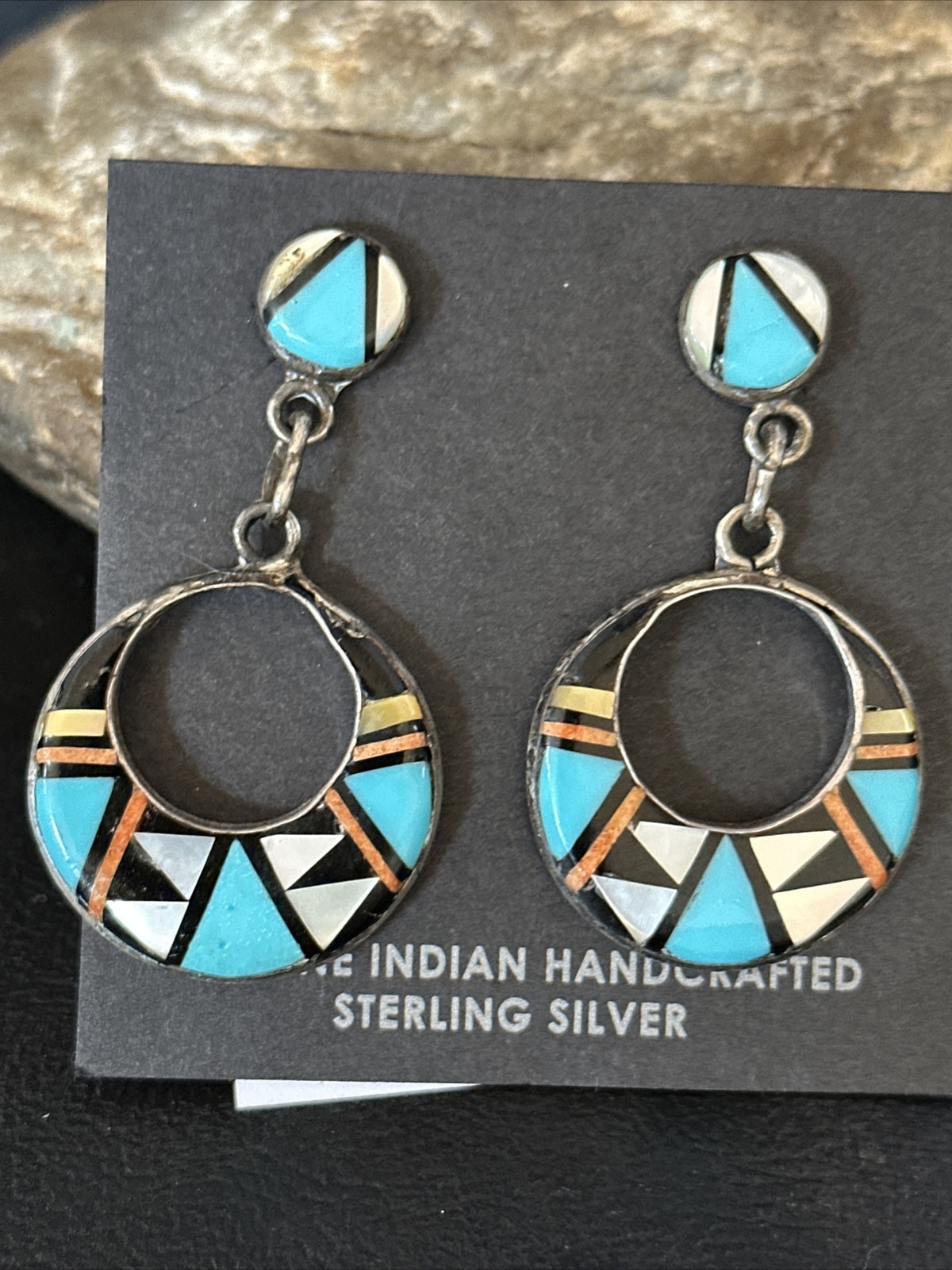 Coral Turquoise Onyx Abalone Zuni Sterling Silver Inlay Earrings 14768