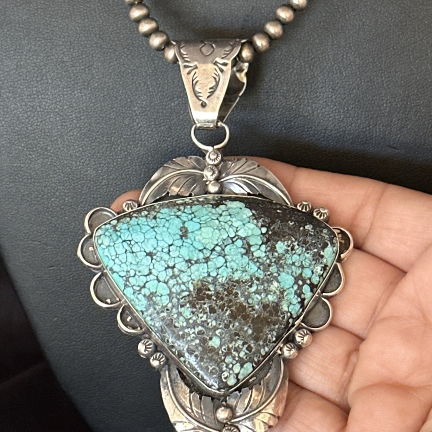Blue Spiderweb Turquoise Pendant Navajo Pearls Sterling Silver Necklace 14807