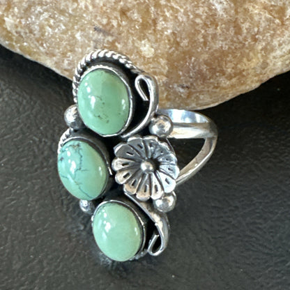 Yazzie Ring Green Turquoise Navajo Sterling Silver Cluster Size 9 19216