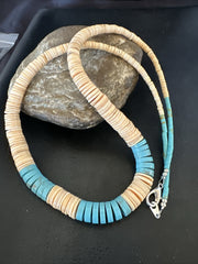 Santo Domingo Beige Shell Blue Turquoise 24"Necklace | Authentic Native American Handmade | 17764