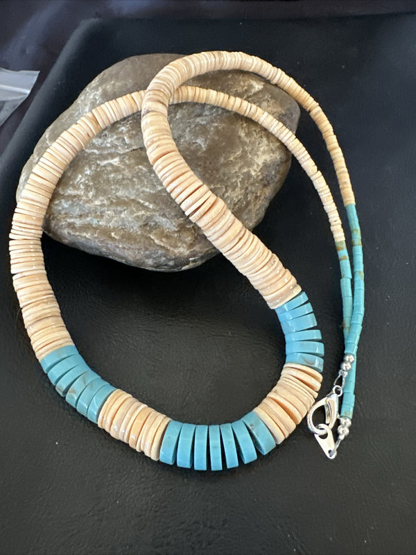 Santo Domingo Beige Shell Blue Turquoise 24"Necklace | Authentic Native American Handmade | 17764