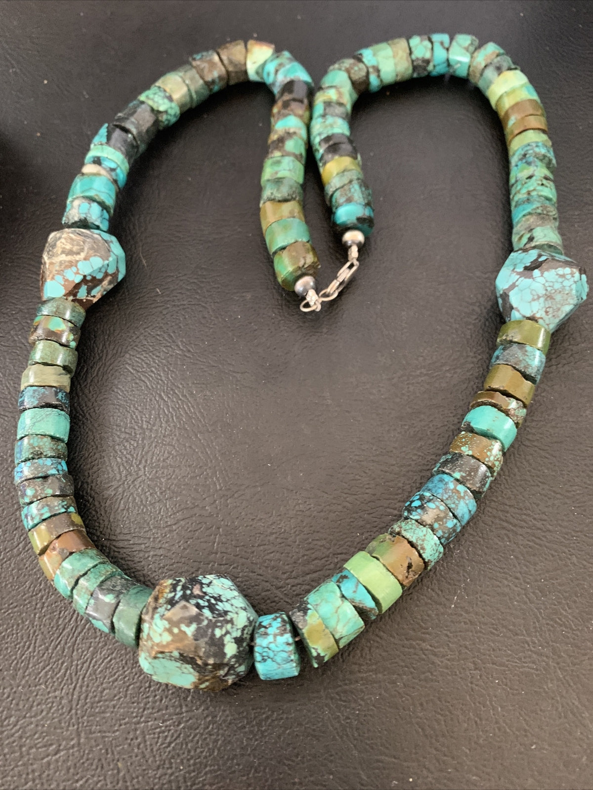 Men Chunky Spiderweb Turquoise Heishi Navajo Sterling Silver Necklace 21” 124504
