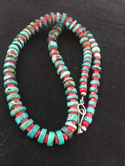 Navajo Mens  Sterling Silver Heishi Turquoise Coral Necklace 8506