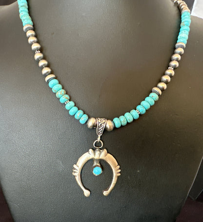 Mens Blue Turquoise Naja Pendant Navajo Sterling Silver Necklace 16643