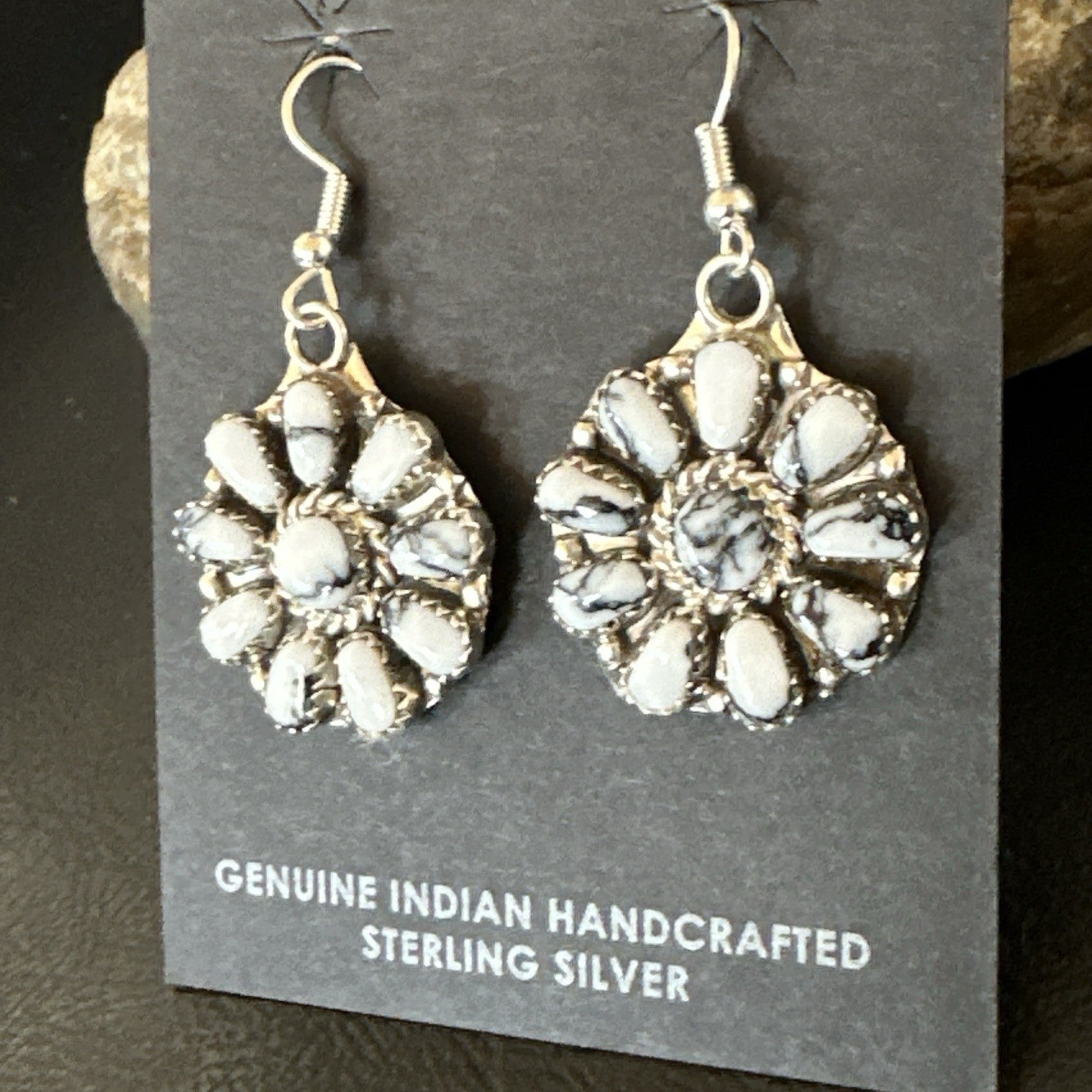 Womens Cluster White Buffalo Navajo Sterling Silver Dangle Earrings 19092