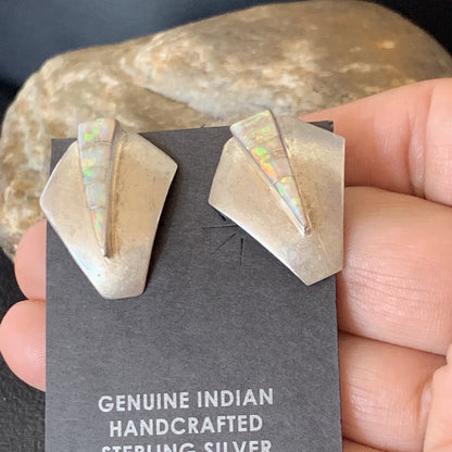 Womens White Opal Inlay Navajo Sterling Silver Dangle Post Earrings 0.5" 12766